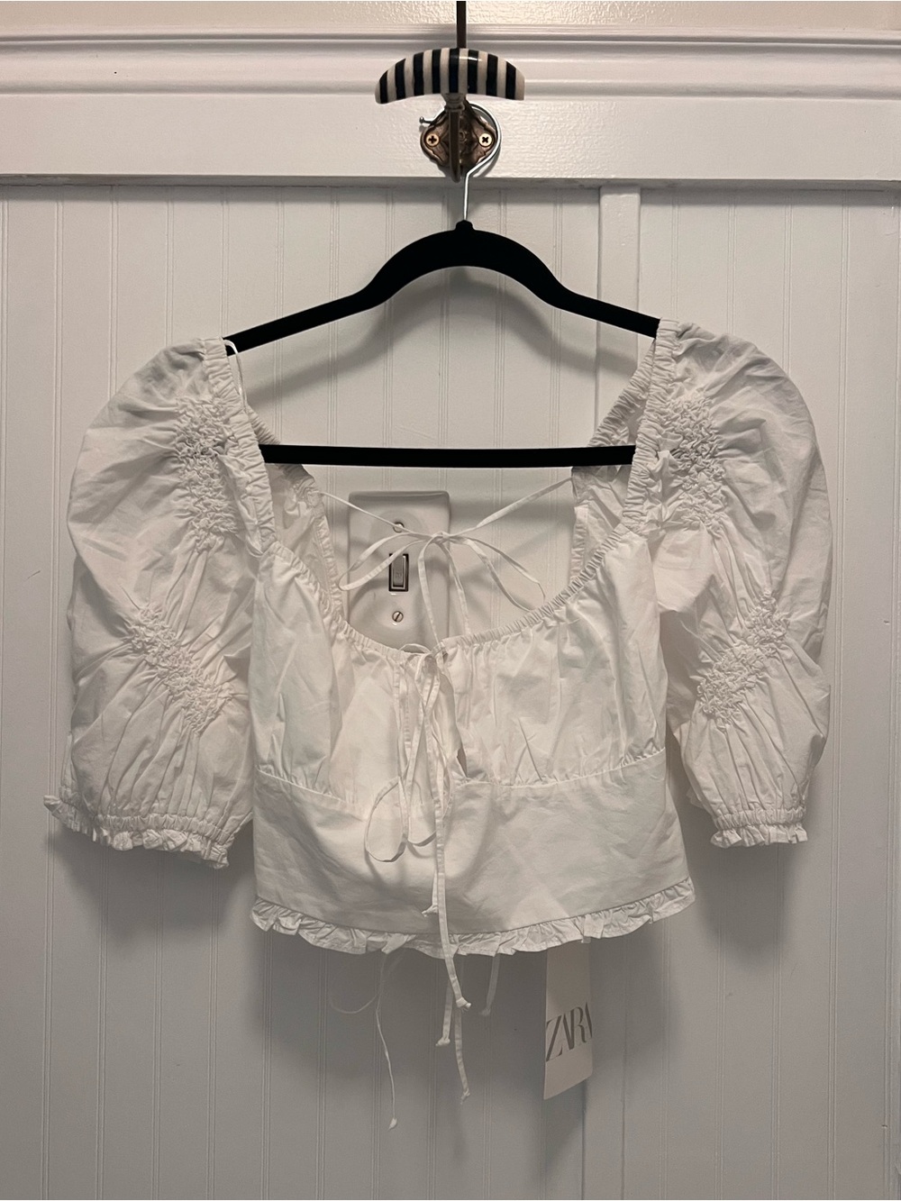 Zara White Cotton Open Tie Back Cropped Top Size Medium